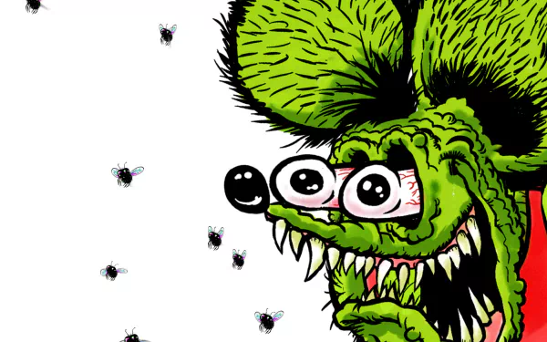 Funny Rat Fink character with wild eyes and sharp teeth surrounded by buzzing flies, rendered in vibrant detail as an 8K Ultra HD PC desktop wallpaper.