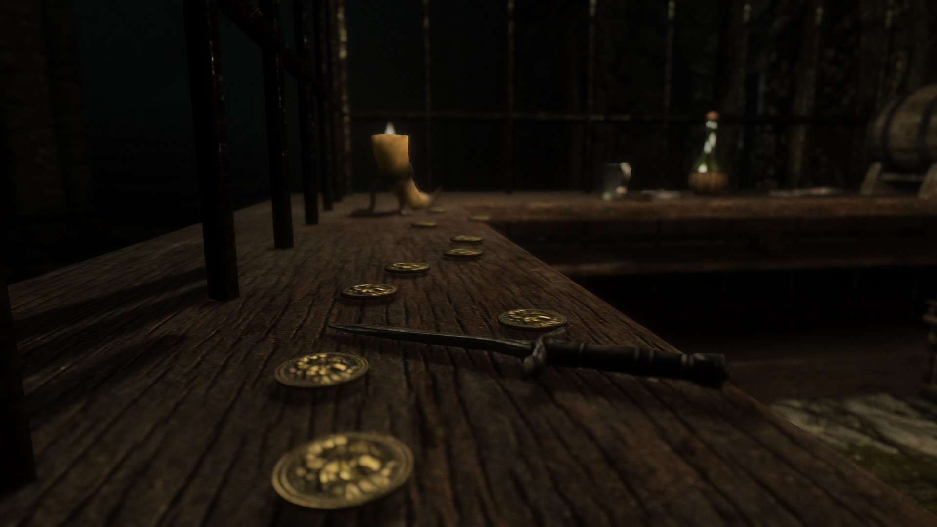 A moody HD wallpaper from The Elder Scrolls V: Skyrim, featuring a wooden table scattered with gold coins and a dagger, illuminated by a flickering candle in a dark environment.