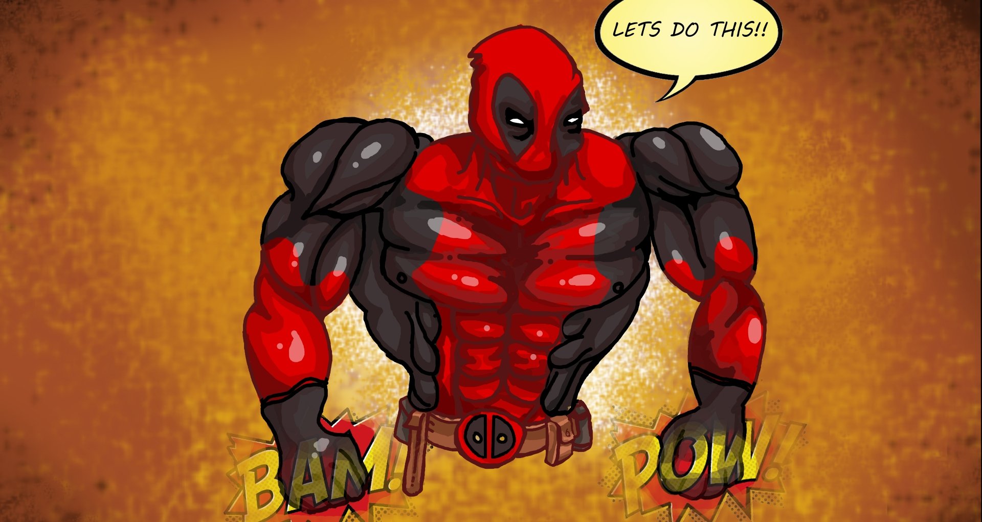 Comic-style Deadpool in red-and-black suit flexes with hands on hips, speech bubble LET'S DO THIS!!, comic BAM! and POW! bursts — 8K Ultra HD PC desktop wallpaper.