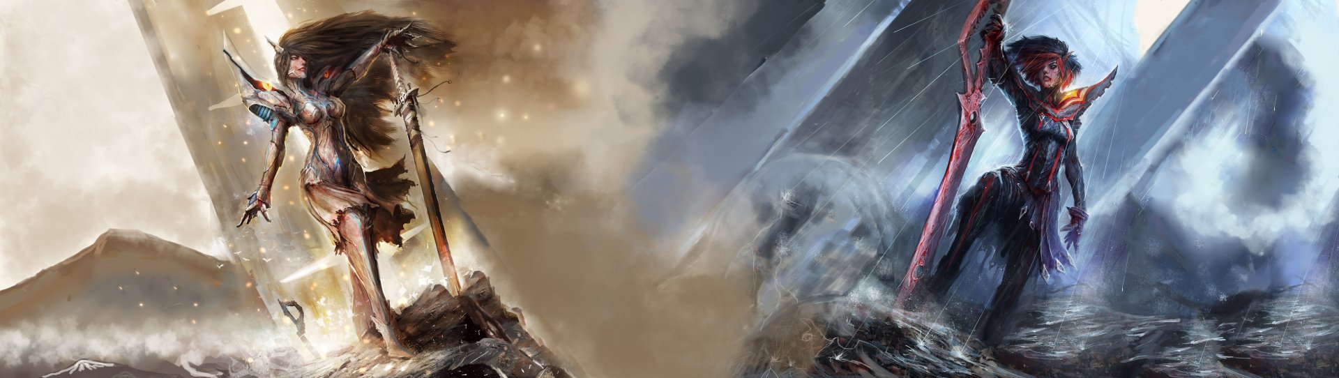 HD anime desktop wallpaper featuring Satsuki Kiryūin and Ryūko Matoi from Kill La Kill, showcasing dynamic action and iconic character designs with dramatic lighting.