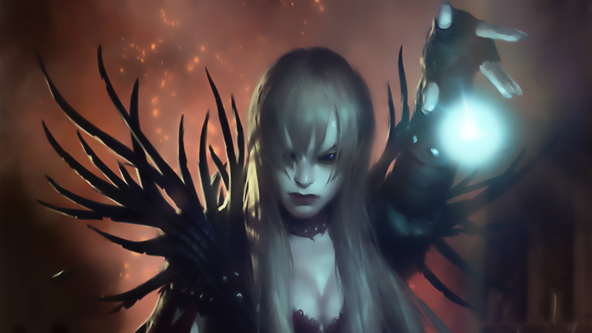 HD PC desktop wallpaper from the video game Legend of the Cryptids featuring a mysterious female character with glowing orb and dark, spiked armor.