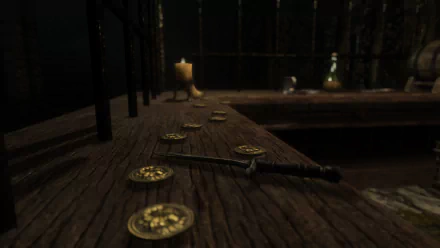A moody HD wallpaper from The Elder Scrolls V: Skyrim, featuring a wooden table scattered with gold coins and a dagger, illuminated by a flickering candle in a dark environment.