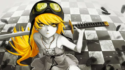 HD wallpaper featuring Shinobu Oshino from Bakemonogatari, characterized by her striking yellow hair and sword, set against a contrasting black and white checkered background.