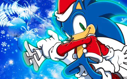HD PC desktop wallpaper featuring Sonic the Hedgehog in a festive outfit, inspired by the Sonic Advance video game series with a bright, icy blue background.