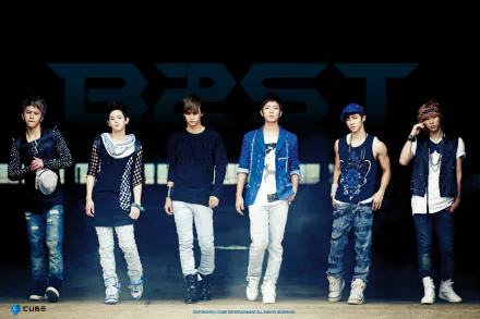 HD PC desktop wallpaper featuring the K-pop group B2ST, showcasing all six members standing confidently against a dark background with the group's name behind them.
