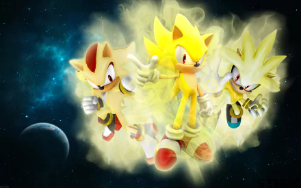 HD desktop wallpaper featuring Super Shadow, Super Silver, and Super Sonic from the video game Sonic the Hedgehog (2006), set against a space background, with an ethereal glow surrounding the characters.