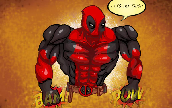 Comic-style Deadpool in red-and-black suit flexes with hands on hips, speech bubble LET'S DO THIS!!, comic BAM! and POW! bursts — 8K Ultra HD PC desktop wallpaper.