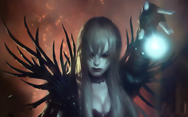 HD PC desktop wallpaper from the video game Legend of the Cryptids featuring a mysterious female character with glowing orb and dark, spiked armor.