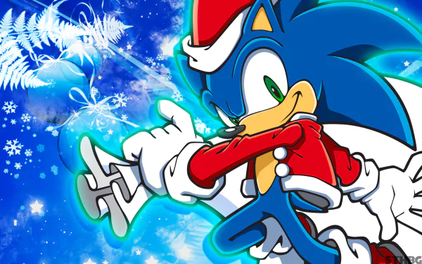 HD PC desktop wallpaper featuring Sonic the Hedgehog in a festive outfit, inspired by the Sonic Advance video game series with a bright, icy blue background.