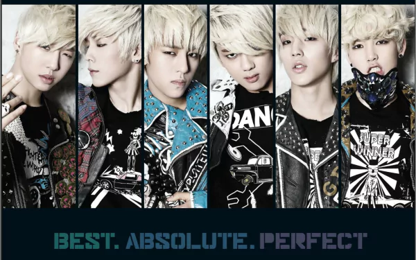 A striking HD wallpaper featuring the K-pop group B.A.P, showcasing the members in stylish outfits with bold graphics, embodying the theme Best. Absolute. Perfect.
