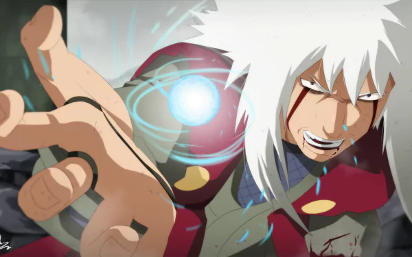 A HD desktop wallpaper featuring Jiraiya from Naruto using the Rasengan technique, showcasing the intensity and dynamic energy of the iconic anime character.