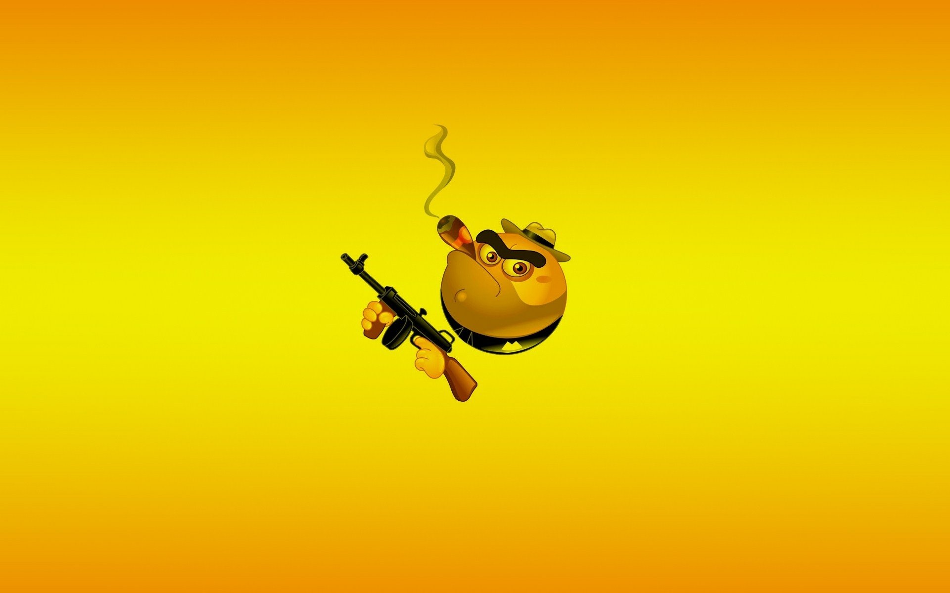 Funny smiley character in a hat, smoking and holding a rifle against a bright yellow-orange gradient — HD PC desktop wallpaper/background.
