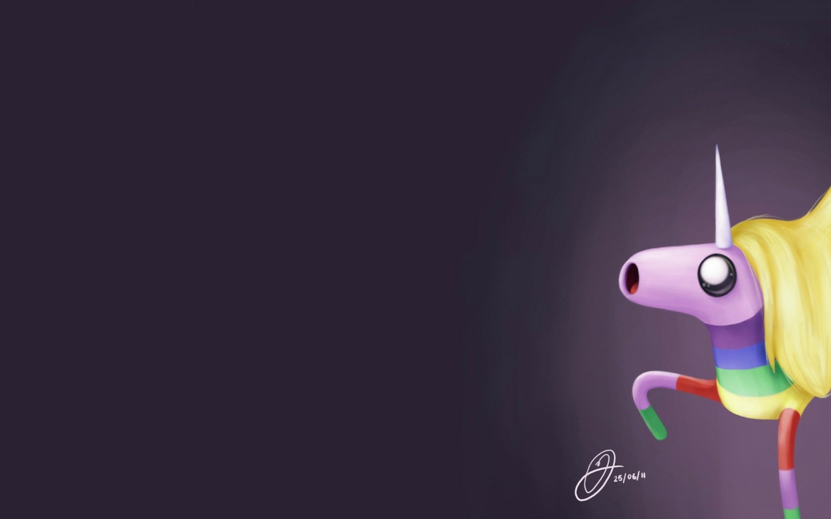 Adventure Time HD PC desktop wallpaper showing a stylized unicorn with rainbow legs and a blonde mane at right against a deep purple background.