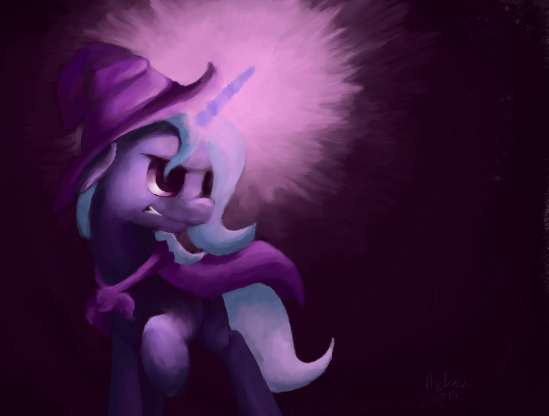 HD desktop wallpaper featuring Trixie from My Little Pony: Friendship Is Magic casting a glowing spell, set against a dark, mystical background.