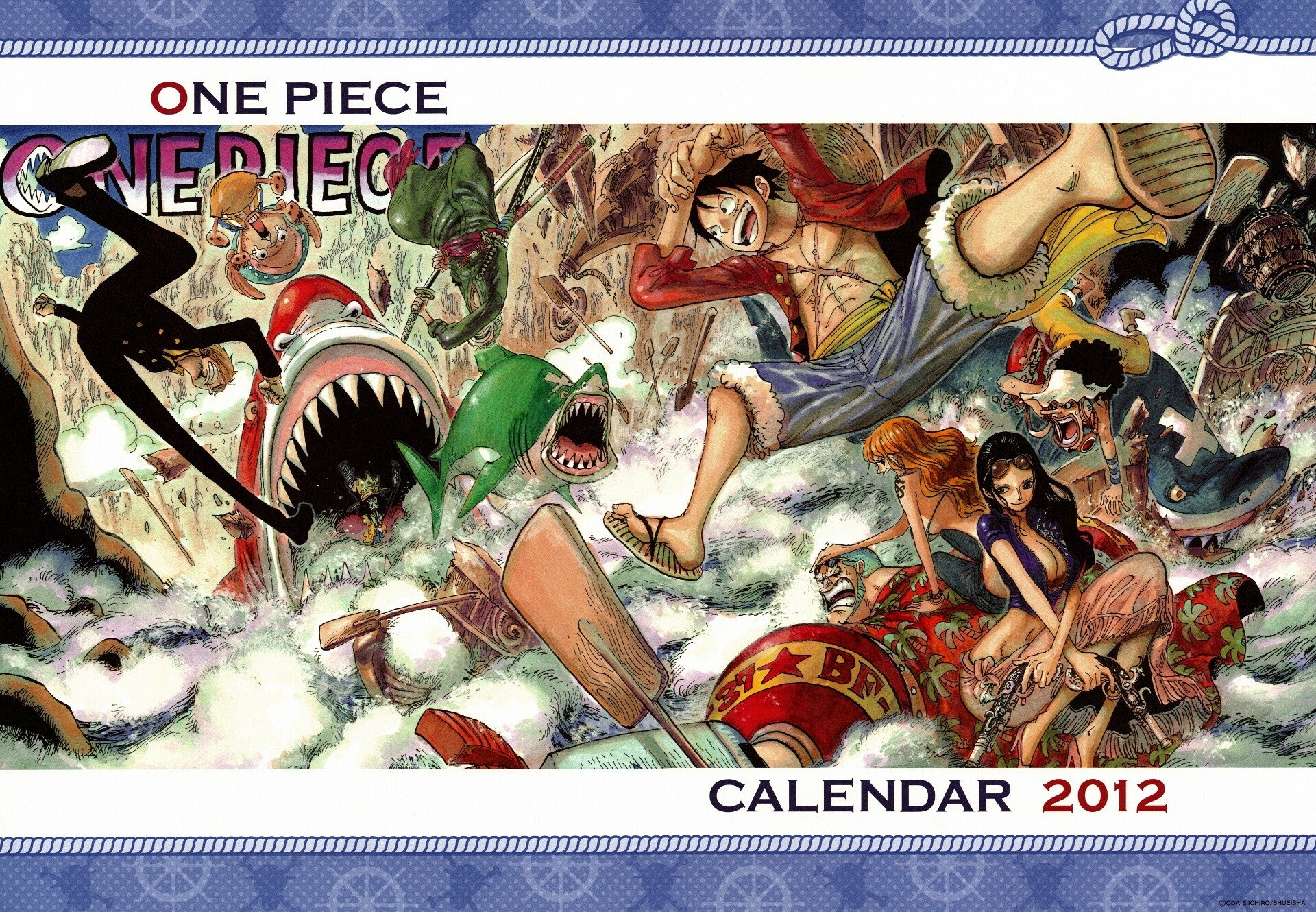A vibrant HD wallpaper featuring One Piece characters: Monkey D. Luffy, Roronoa Zoro, Nami, Nico Robin, Sanji, Franky, and Tony Tony Chopper, set against an adventurous backdrop.