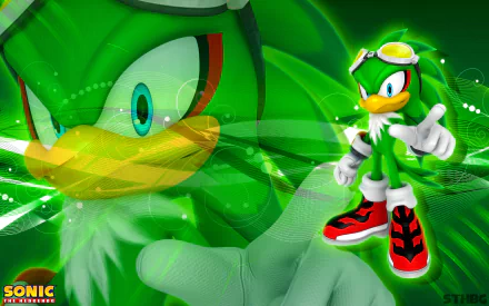 HD PC desktop wallpaper featuring Jet the Hawk from the video game Sonic Free Riders in vibrant green tones.