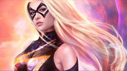 A vibrant HD wallpaper featuring Carol Danvers as Ms. Marvel, showcasing her iconic costume and powerful presence against a colorful cosmic background.