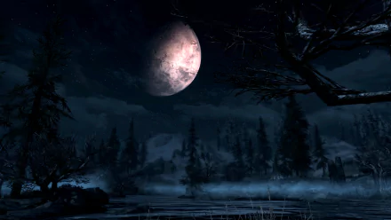 A breathtaking HD desktop wallpaper from The Elder Scrolls V: Skyrim, featuring a large, glowing moon above a serene, misty landscape with dark trees and a tranquil water surface.