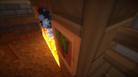 An HD wallpaper featuring a cozy Minecraft interior, with fire and smoke from a nearby furnace illuminating a wooden wall adorned with a green-themed artwork.