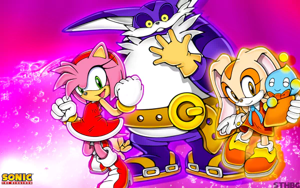 Colorful HD wallpaper featuring Cheese the Chao, Big the Cat, Cream the Rabbit, and Amy Rose from Sonic Heroes, set against a vibrant pink background.