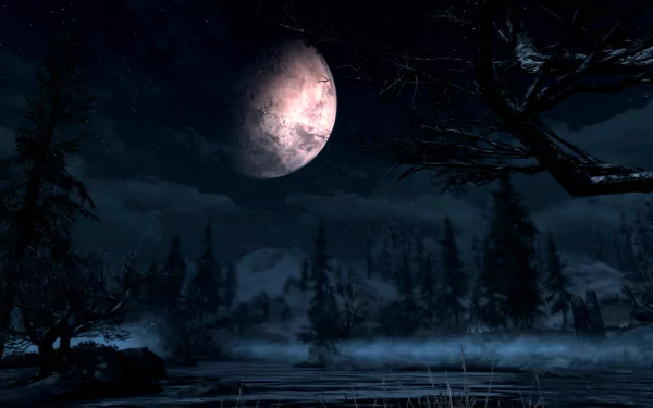 A breathtaking HD desktop wallpaper from The Elder Scrolls V: Skyrim, featuring a large, glowing moon above a serene, misty landscape with dark trees and a tranquil water surface.