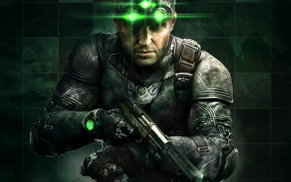 Sam Fisher from Tom Clancy's Splinter Cell: Blacklist crouches with a weapon, showcasing an intense HD PC desktop wallpaper set against a dark, atmospheric backdrop.