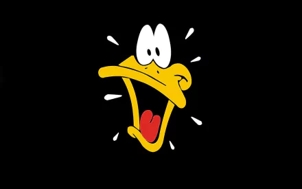 HD PC desktop wallpaper of Daffy Duck from the Looney Tunes TV show: bright close-up of his wide-open beak and surprised expression against a solid black background.