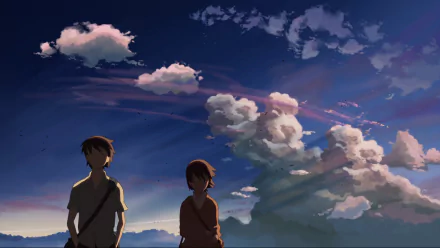 Anime-style HD desktop wallpaper from 5 Centimeters per Second by Kanae Sumita and Takaki Touno, depicting two silhouetted characters against a dramatic, cloud-filled sky.