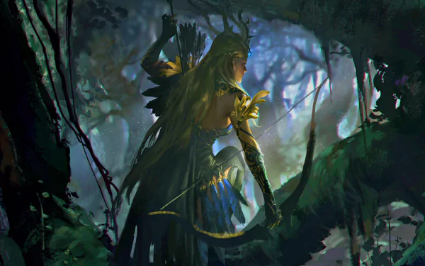 A captivating fantasy scene featuring an elf archer in a mystical forest, set against a backdrop of enchanting greenery and soft, ethereal light. HD PC desktop wallpaper.