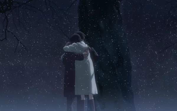 HD desktop wallpaper: Akari Shinohara and Takaki Tōno from 5 Centimeters per Second embrace under a snowy night sky beside a tree.