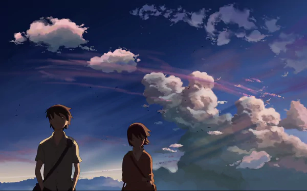 Anime-style HD desktop wallpaper from 5 Centimeters per Second by Kanae Sumita and Takaki Touno, depicting two silhouetted characters against a dramatic, cloud-filled sky.