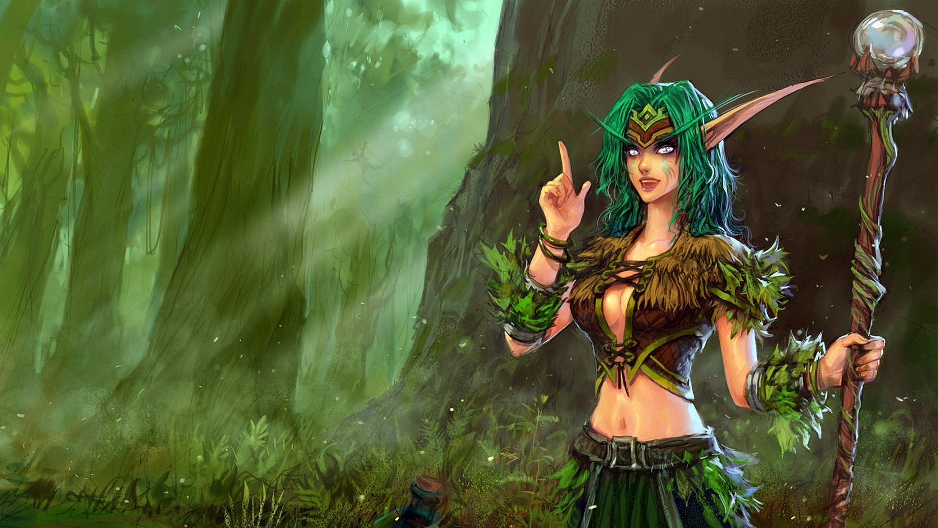 HD PC desktop wallpaper featuring a female elf mage character from the video game World of Warcraft in a mystical forest setting.