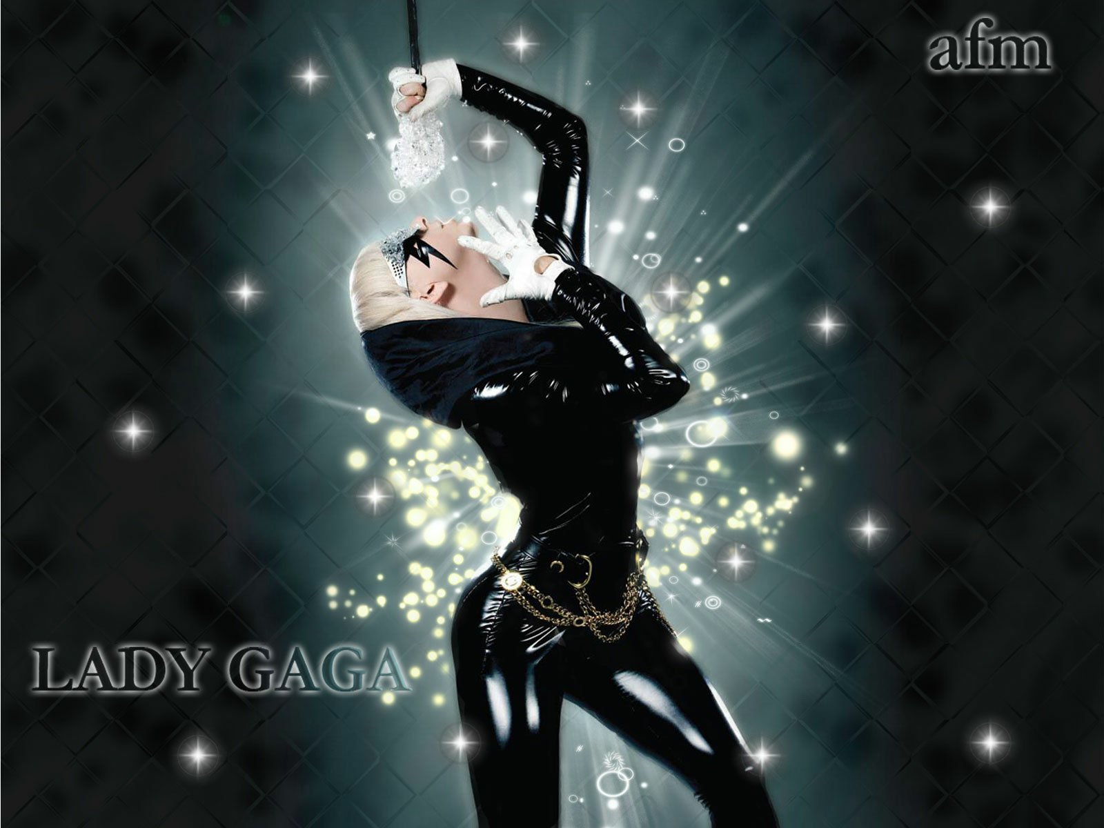 HD PC desktop wallpaper featuring Lady Gaga in a stylish black outfit, surrounded by sparkling light effects, capturing her iconic music persona.