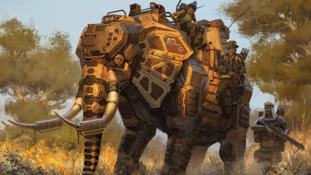 A futuristic robotic elephant carries armed soldiers through a wild landscape, blending nature with advanced technology in this captivating sci-fi HD wallpaper background.