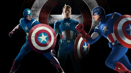 HD PC desktop wallpaper featuring Captain America in various action poses from the movie Captain America: The First Avenger, set against a shield backdrop.