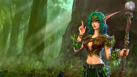 HD PC desktop wallpaper featuring a female elf mage character from the video game World of Warcraft in a mystical forest setting.