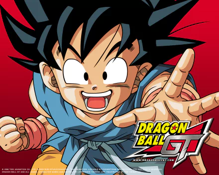 A vibrant HD wallpaper featuring Goku from Dragon Ball GT, showcasing his energetic pose against a bold red background, embodying the spirit of the beloved anime.