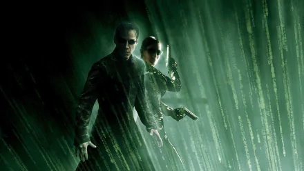 A striking HD wallpaper from The Matrix Revolutions, featuring iconic characters in a digital green backdrop, embodying the film's blend of action and cybernetic themes.
