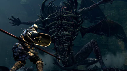 HD PC wallpaper featuring the Gaping Dragon boss from Dark Souls, showcasing a knight in armor confronting the monstrous creature in a dark, atmospheric setting.