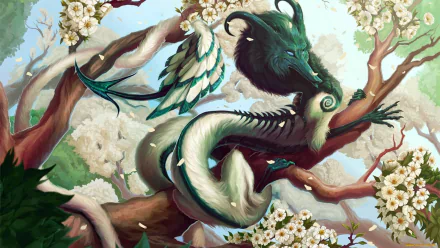 HD desktop wallpaper featuring a fantastical Chinese dragon entwined in blooming branches, symbolizing divine power and myth in a 3D artistic style.