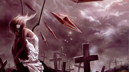 HD PC desktop wallpaper featuring Flandre Scarlet from the anime Touhou, set against a dramatic, cloudy graveyard backdrop with floating red shards.