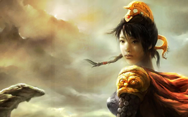 HD PC desktop wallpaper of a fantasy woman warrior in a desert, wearing a flowing cloak, ornate jewelry and armor, gazing across windswept sands beneath a stormy sky.