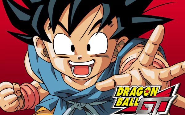 A vibrant HD wallpaper featuring Goku from Dragon Ball GT, showcasing his energetic pose against a bold red background, embodying the spirit of the beloved anime.