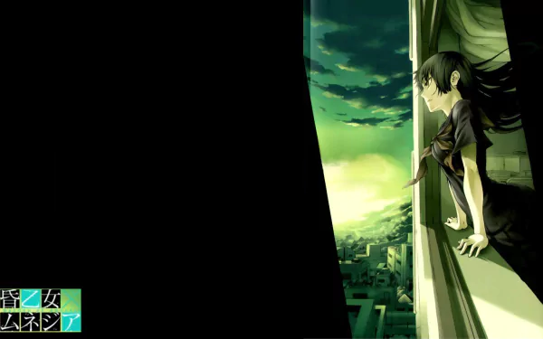 Yuuko Kanoe from the anime Tasogare Otome x Amnesia gazes out from a window, surrounded by a dramatic sky, in this HD desktop wallpaper.