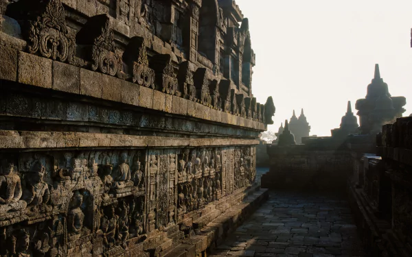 HD desktop wallpaper of Borobudur temple showcasing intricate religious stone carvings bathed in soft, natural light with silhouetted stupas in the background.
