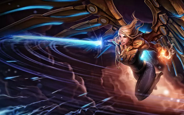 A dynamic HD desktop wallpaper featuring Kayle from League of Legends, showcasing her powerful abilities amidst a whirlwind of energy and light.