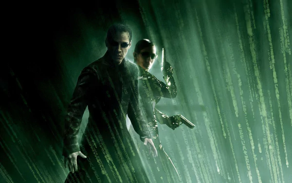 A striking HD wallpaper from The Matrix Revolutions, featuring iconic characters in a digital green backdrop, embodying the film's blend of action and cybernetic themes.