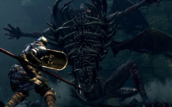 HD PC wallpaper featuring the Gaping Dragon boss from Dark Souls, showcasing a knight in armor confronting the monstrous creature in a dark, atmospheric setting.