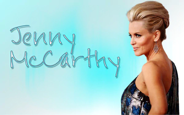 HD desktop wallpaper featuring American model and celebrity Jenny McCarthy against a light blue background with her name in stylized text.