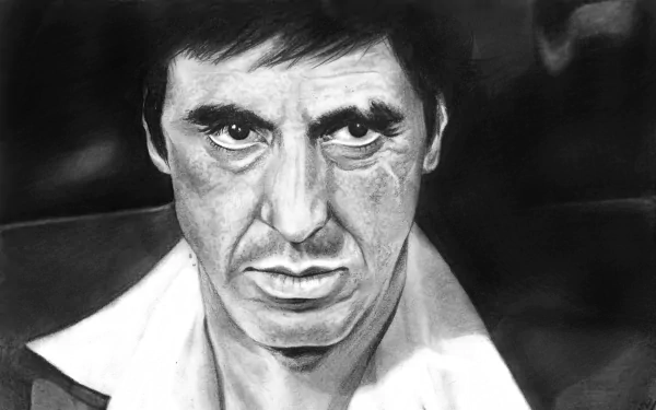 Black and white HD desktop wallpaper of American actor Al Pacino portraying Tony Montana from the movie Scarface, featuring intense facial expression and dramatic lighting.